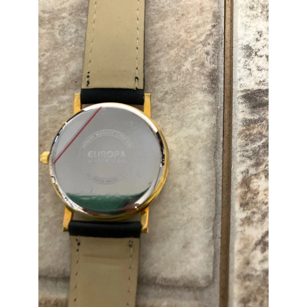 Europa Spartan Foundation Watch Gold Tone Black Band Blue Pill Case New